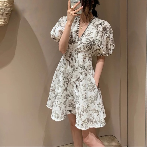 French Style Print Puff Sleeve Vintage Dress - Picture 2 of 15